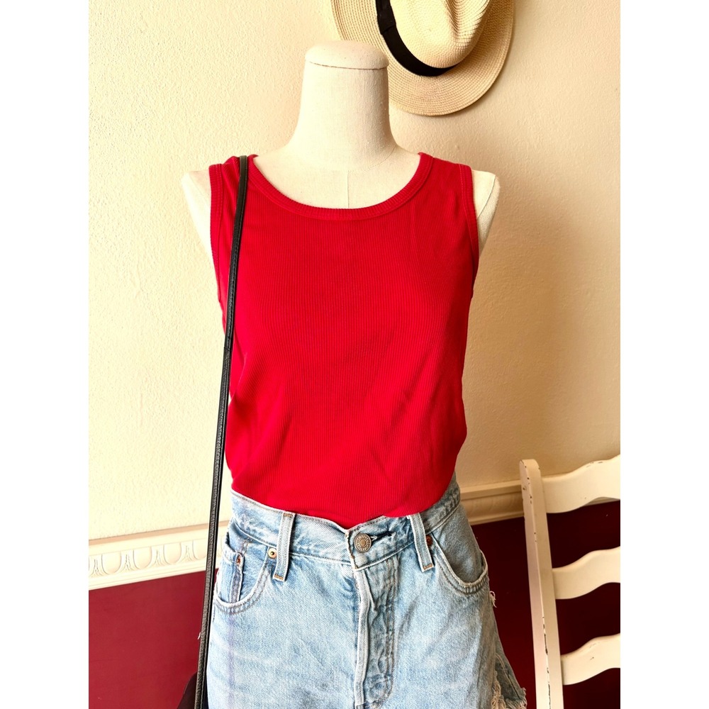 Erika Red Ribbed Tank‎ Top Sleeveless Scoop Neck Sz S Cotton Blend Capsule Basic